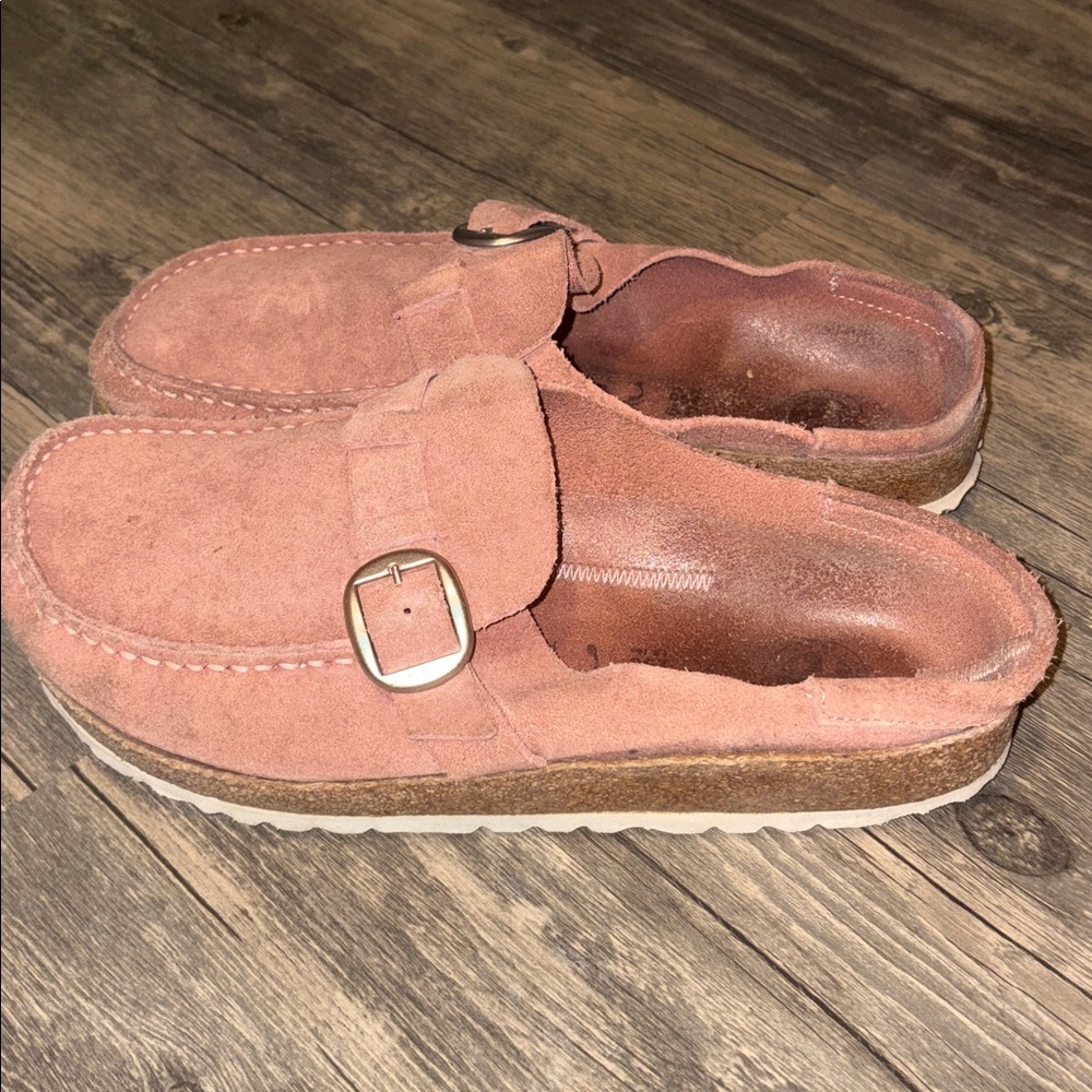 Birkenstock Pink Suede Clog Loafers with Buckle - Picture 5 of 9